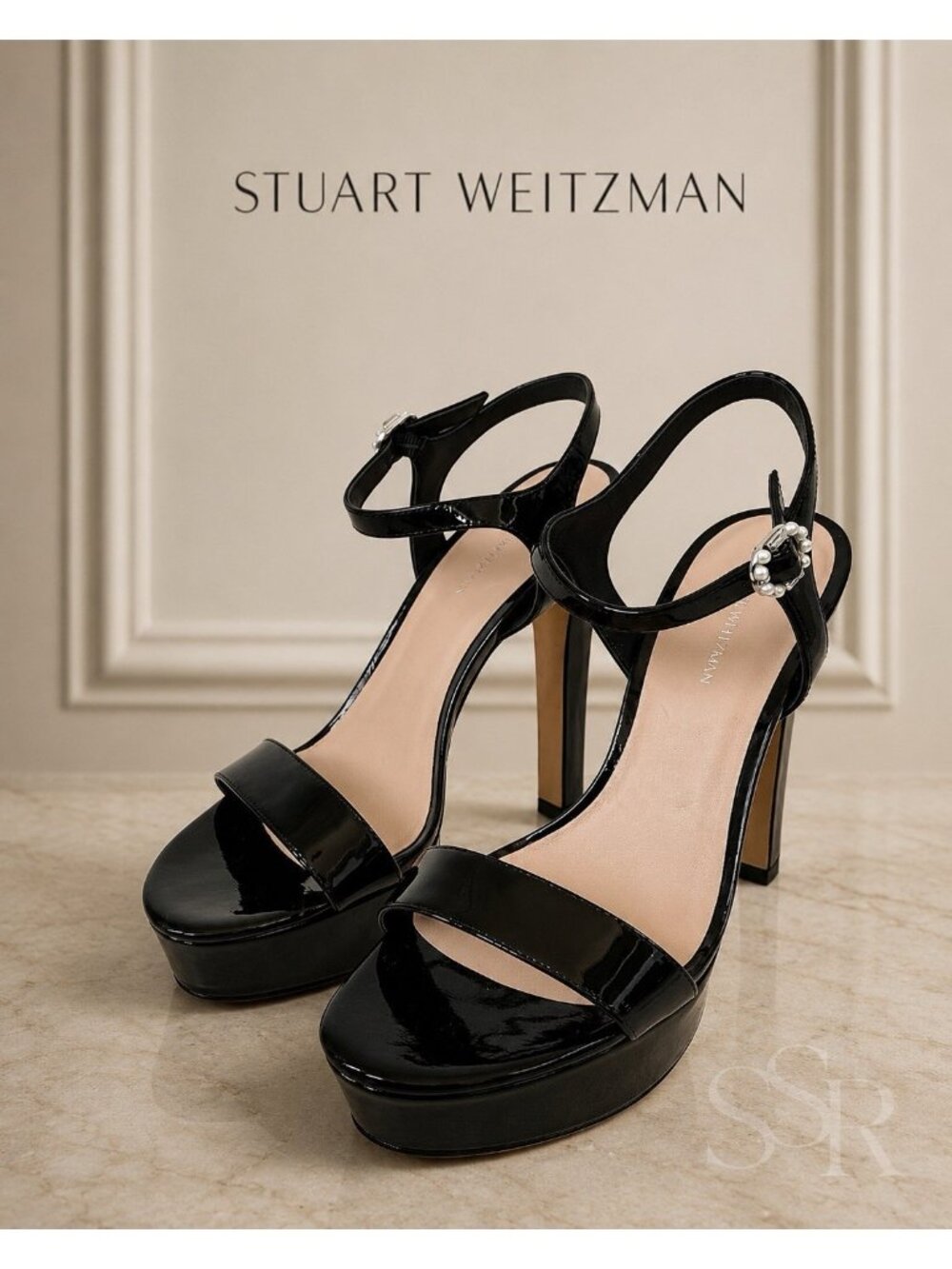 Stuart Weitzman Dazzle 130 Black Patent Leather Platform Sandal Pearl 8.5M
